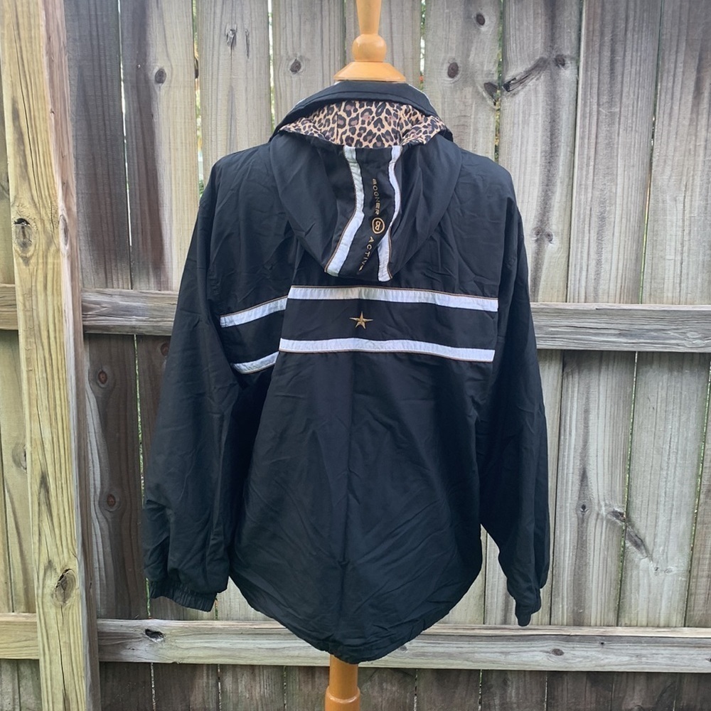 Bogner Black Windbreaker Jacket with White Stripes and Leopard Lined Hood - Picture 4 of 8